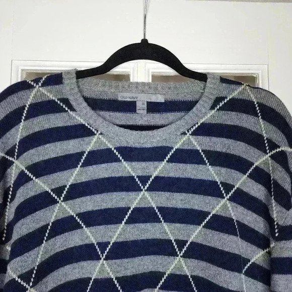 Old Navy Men's Plus Blue Gray Striped Argyle Cotton Wool Knit Cozy Sweater XXL - Picture 5 of 10